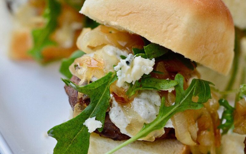 Caramelized Onion, Blue Cheese and Arugula Sliders