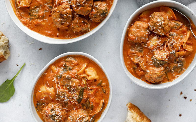 Creamy Spinach Tortellini Soup with Mini Meatballs