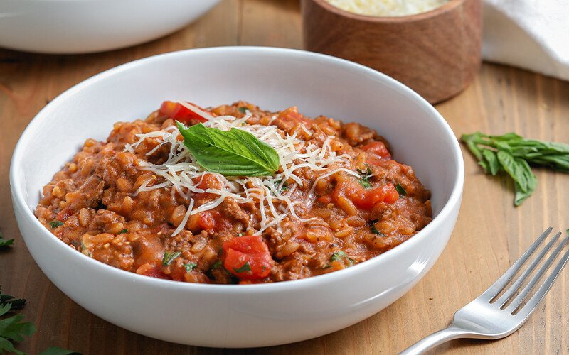 Creamy Tomato Orzo with Ground Beef