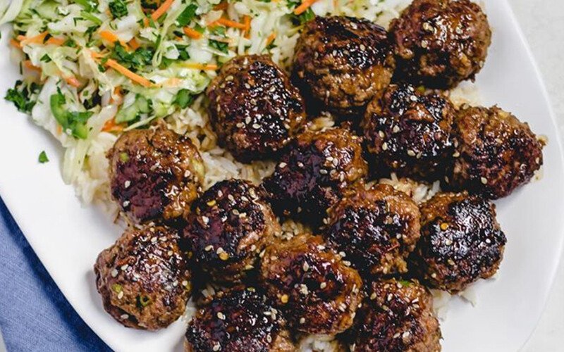 Glazed Asian Meatballs with Cilantro Slaw