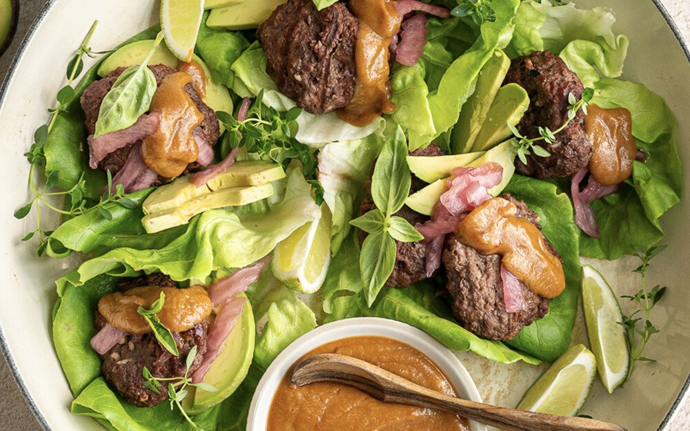 Grilled Beef Lettuce Wraps with Avocado & Chili Peanut Sauce
