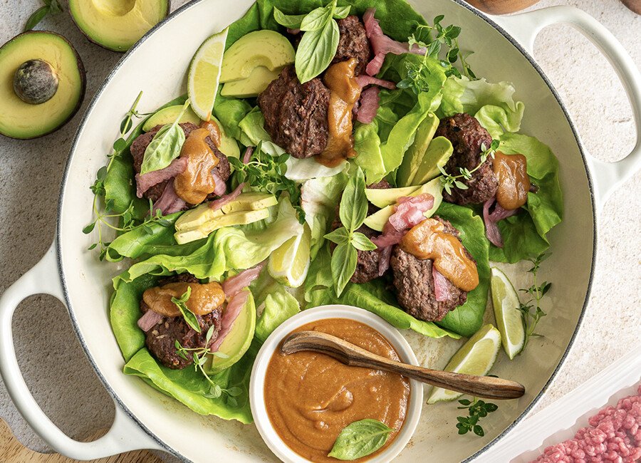 Grilled Beef Lettuce Wraps with Avocado & Chili Peanut Sauce