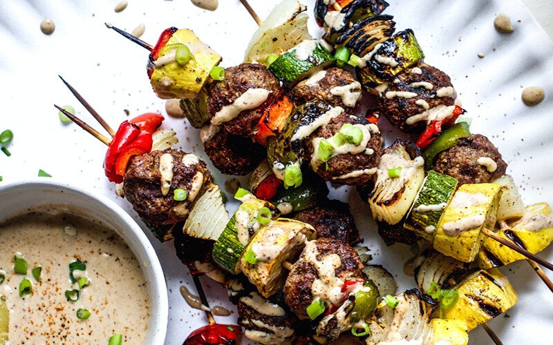 Grilled Cajun Meatball & Veggie Kabobs with Remoulade Dipping Sauce