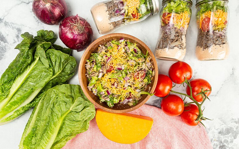 Ground Beef Cheeseburger Salad in a Jar