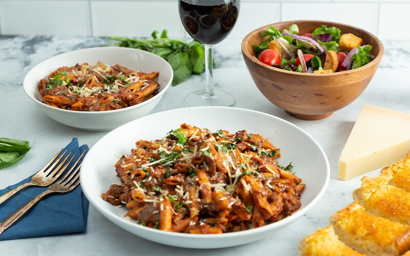 Penne Pasta with Ground Beef & Red Wine Sauce