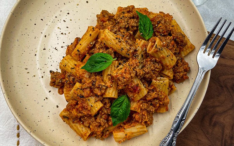 Ground Beef with Red Wine & Mushrooms Pasta