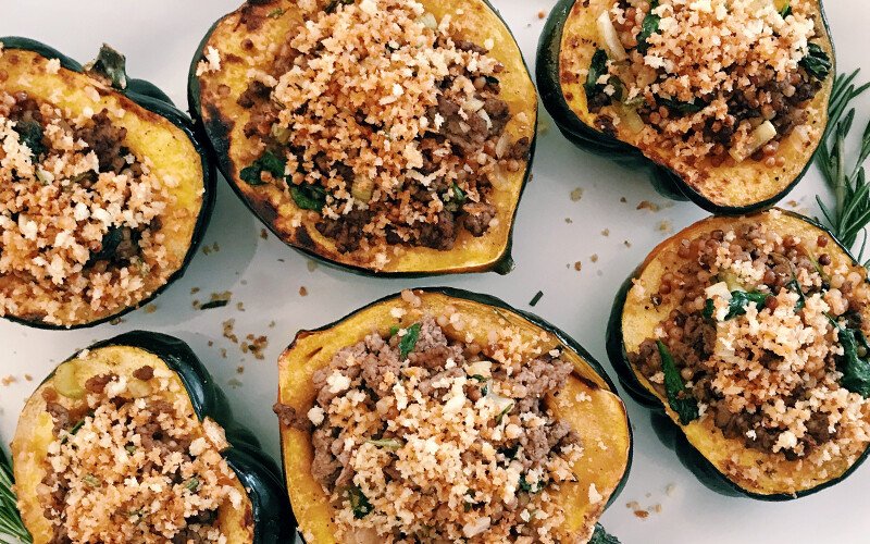 Harvest Stuffed Acorn Squash with Rosemary Browned Butter Bread Crumbs