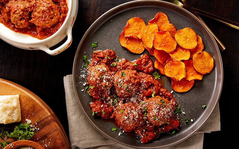 Slow Cooker Meatballs with Baked Sweet Potato Chips