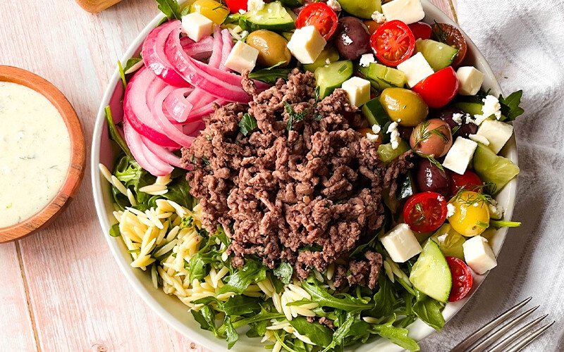 Orzo & Arugula Greek Salad with Tzatziki Vinaigrette