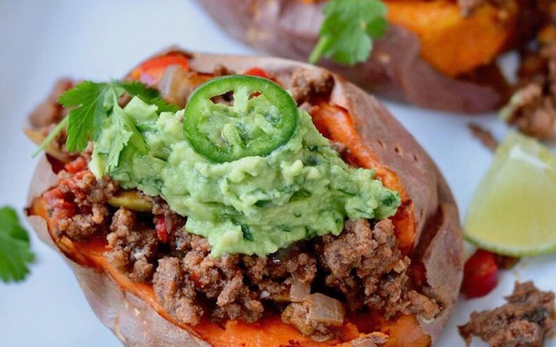 Picadillo Stuffed Sweet Potatoes with Smashed Avocado