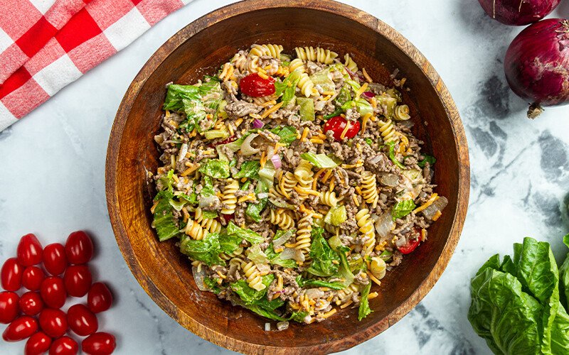 Laura's Lean | Picnic Ground Beef Cheeseburger Pasta Salad