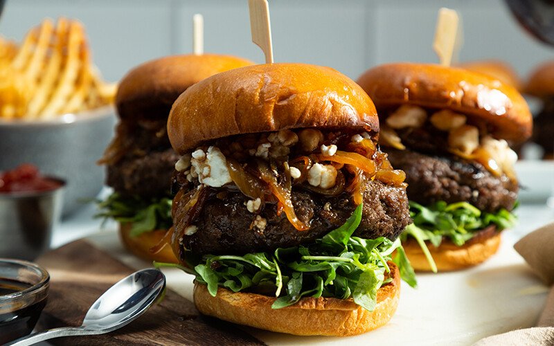 Red Wine Burgers with Caramelized Onions & Goat Cheese