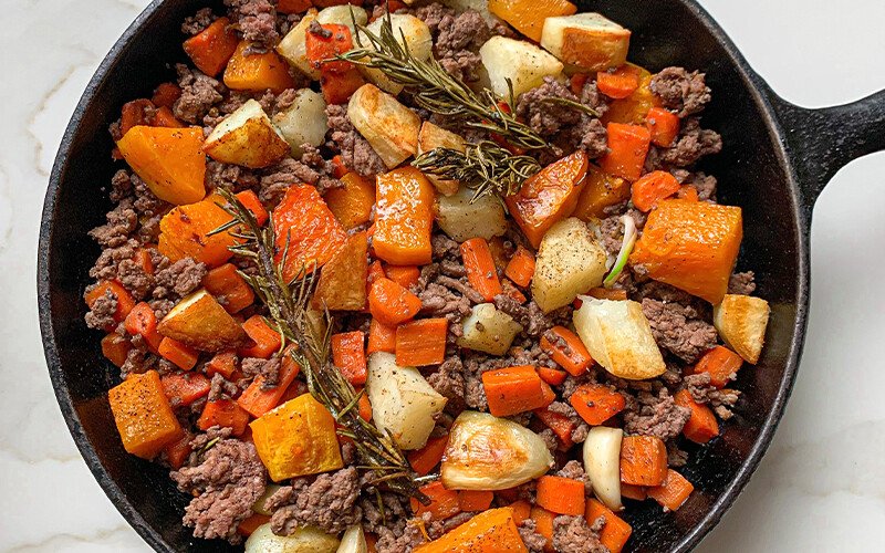 Roasted Butternut Squash, Crispy Potato & Ground Beef Skillet