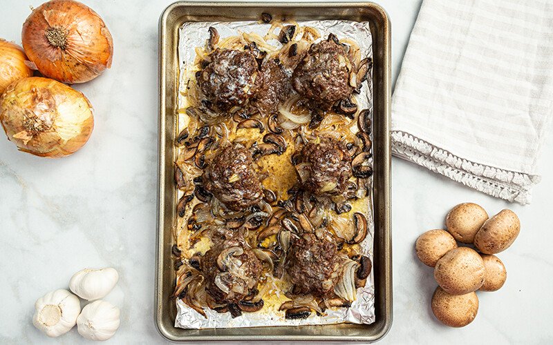 Sheet Pan Ground Beef Hamburger Steaks with Mushrooms & Onions