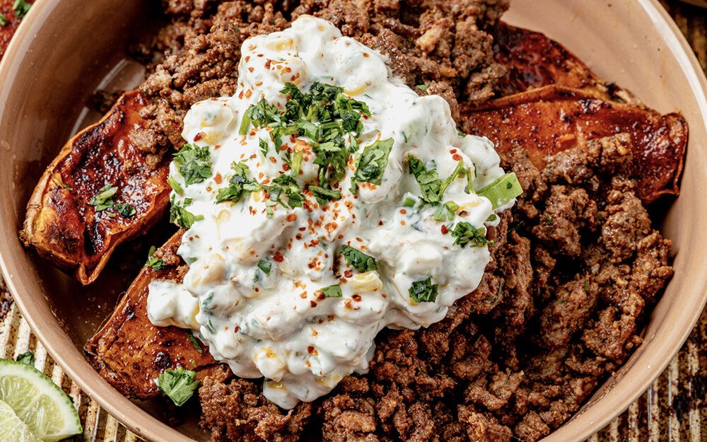 Street Corn Beef Taco Bowls with Sweet Potatoes 