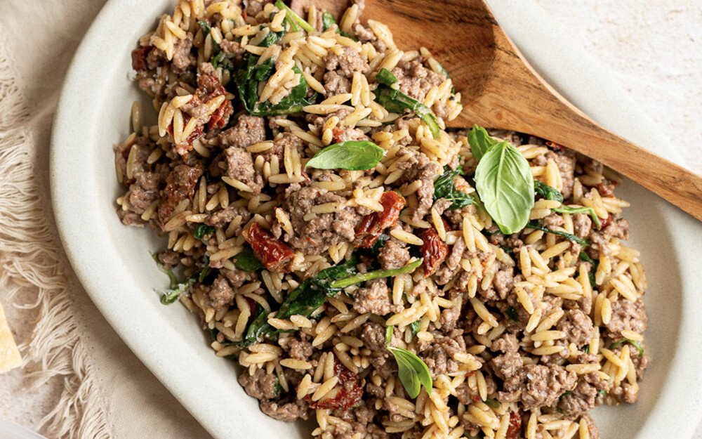 Tuscan Beef Orzo Skillet | Easy One-Pan Ground Beef Dinner Recipe