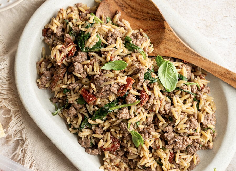 Tuscan Beef Orzo Skillet | Easy One-Pan Ground Beef Dinner Recipe