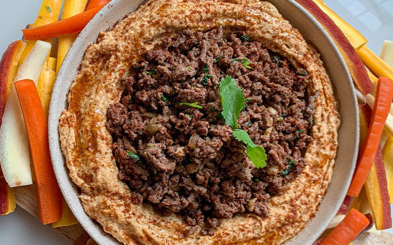 Warm Hummus with Pan Fried Ground Beef